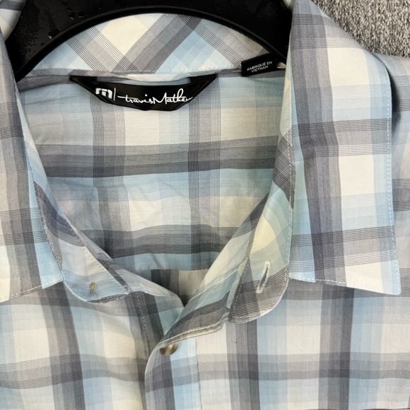 Travis Mathew Blue Gray Plaid Short Sleeve Button Up Shirt Men's Size L READ - Picture 5 of 13